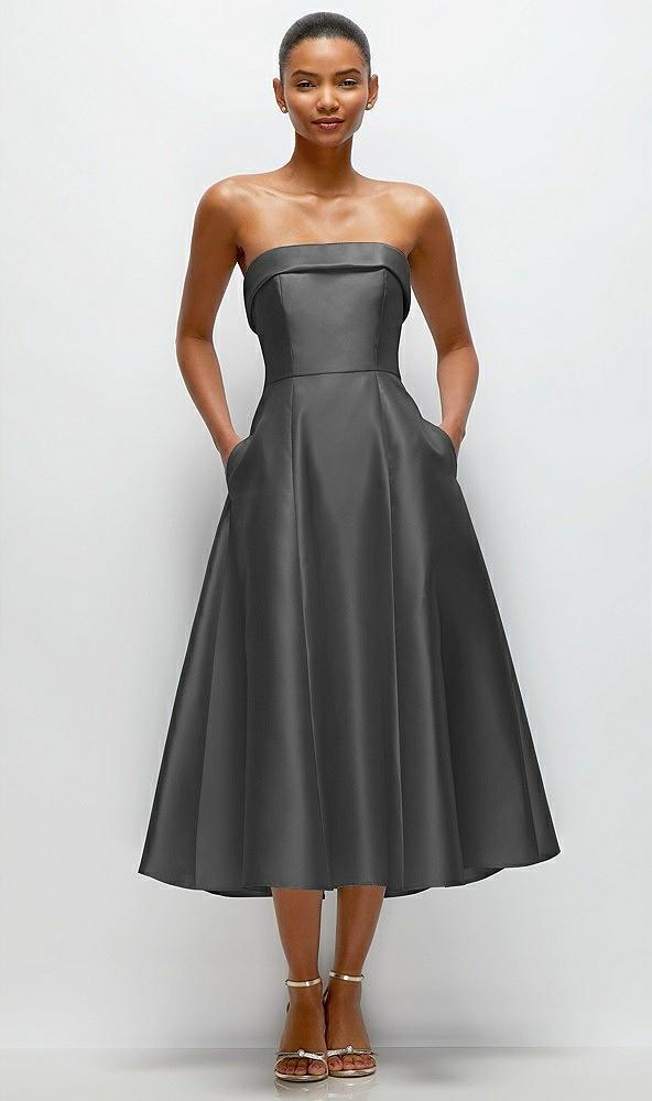 cuffed strapless satin twill midi dress with full skirt and pockets