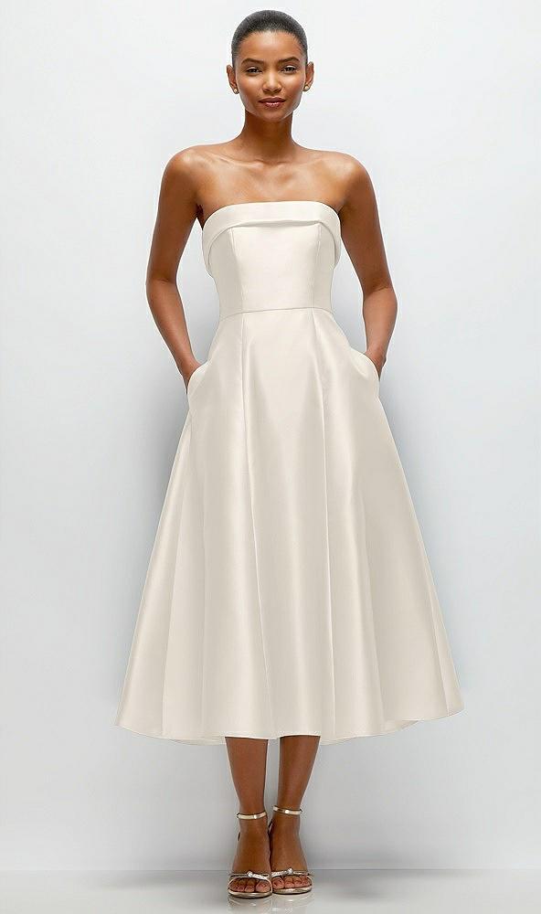 cuffed strapless satin twill midi dress with full skirt and pockets