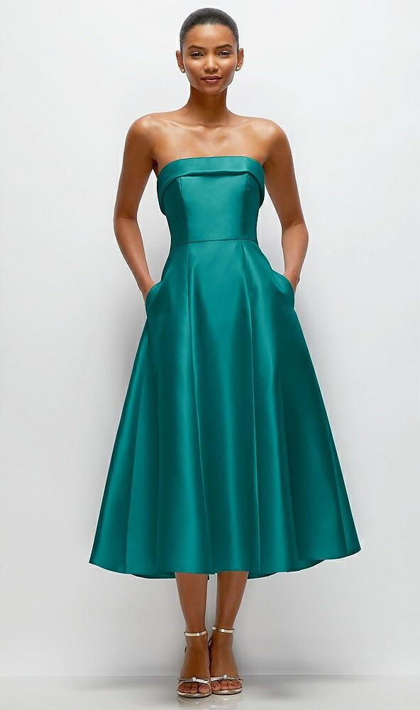 cuffed strapless satin twill midi dress with full skirt and pockets