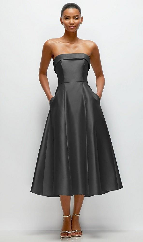 cuffed strapless satin twill midi dress with full skirt and pockets