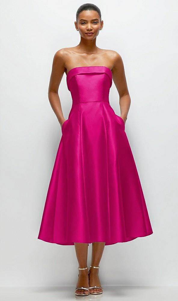 cuffed strapless satin twill midi dress with full skirt and pockets