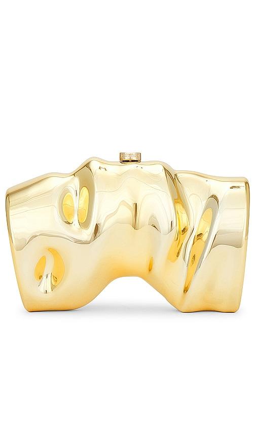 cult gaia scrunch clutch in metallic gold.