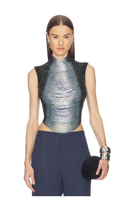 cult gaia taraji sleeveless top in navy, baby blue.