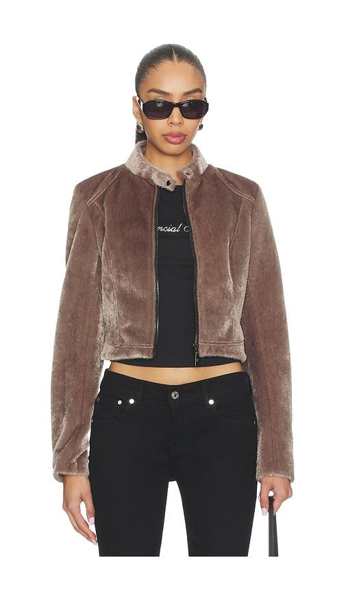 cultnaked faux fur motorsport jacket in taupe.