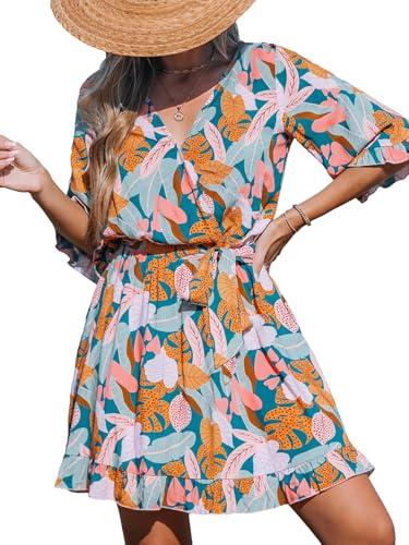 cupshe beach dress for women casual summer v neck tropical half sleeves belted ruffled vacation mini dress green tropical, m