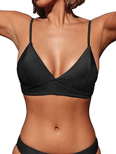 cupshe bikini top for women swimsuit v neck ribbed adjustable spaghetti straps bathing suit l, black