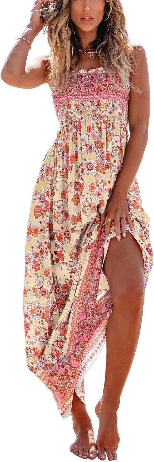 cupshe boho floral summer dress for women beach vacation smocked sundress resort flowy casual maxi holiday dresses