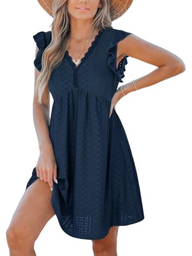 cupshe crochet swim cover up dress v neck flutter sleeve lace beach pleated casual summer mini swimwear coverup dress navy blue, m