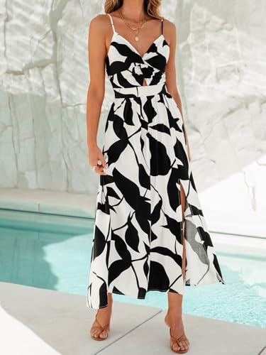 cupshe maxi dresses for women v neck beach floral sleeveless casual cutout sun dresses summer formal dress black printed, s
