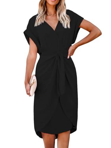 cupshe midi dress for women 2025 v neck short sleeves knotted pockets tunic waist spring casual dress black, l