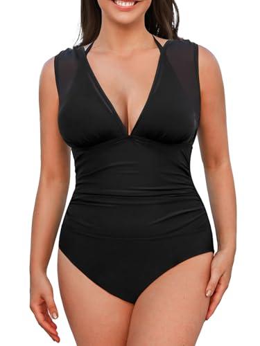 cupshe plus size swimsuits for women one piece bathing suit with removable bikini top mesh halter tummy control 2 pieces swimsuit, 2x black