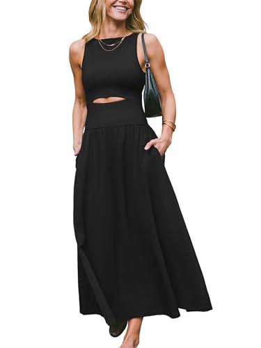 cupshe summer dress for women 2025 formal sleeveless round neck cutout pockets casual a line maxi dress black, m