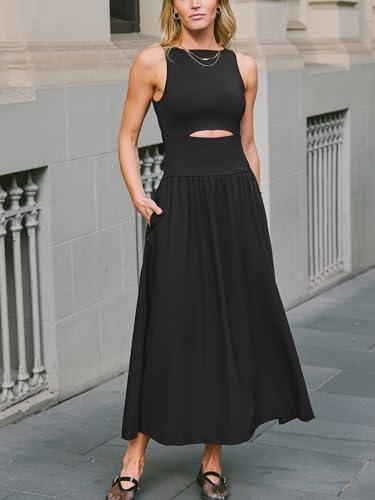 cupshe summer dress for women 2025 formal sleeveless round neck cutout pockets casual a line maxi dress black, m