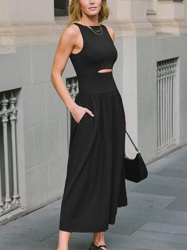 cupshe summer dress for women 2025 formal sleeveless round neck cutout pockets casual a line maxi dress black, m