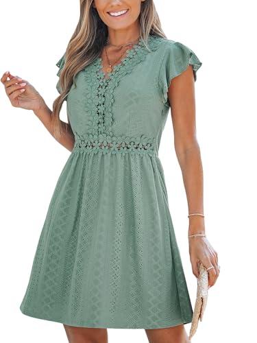 cupshe summer dress for women casual spring v neck lace appliques cap sleeves hollow out beach mini dress sage green, l