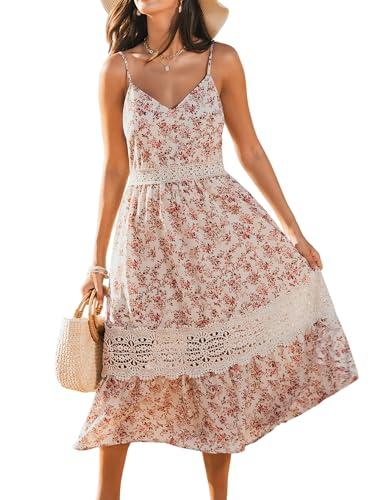 cupshe summer dresses for women long v neck floral lace casual sleeveless a line sundress beach midi dress beige floral, l