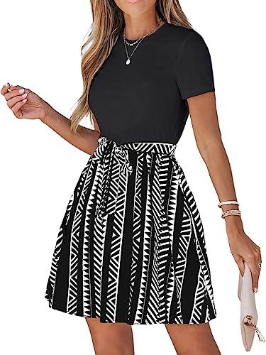 cupshe women‘s short sleeve dress crew neck belted stripe a line mini summer dresses, black xs