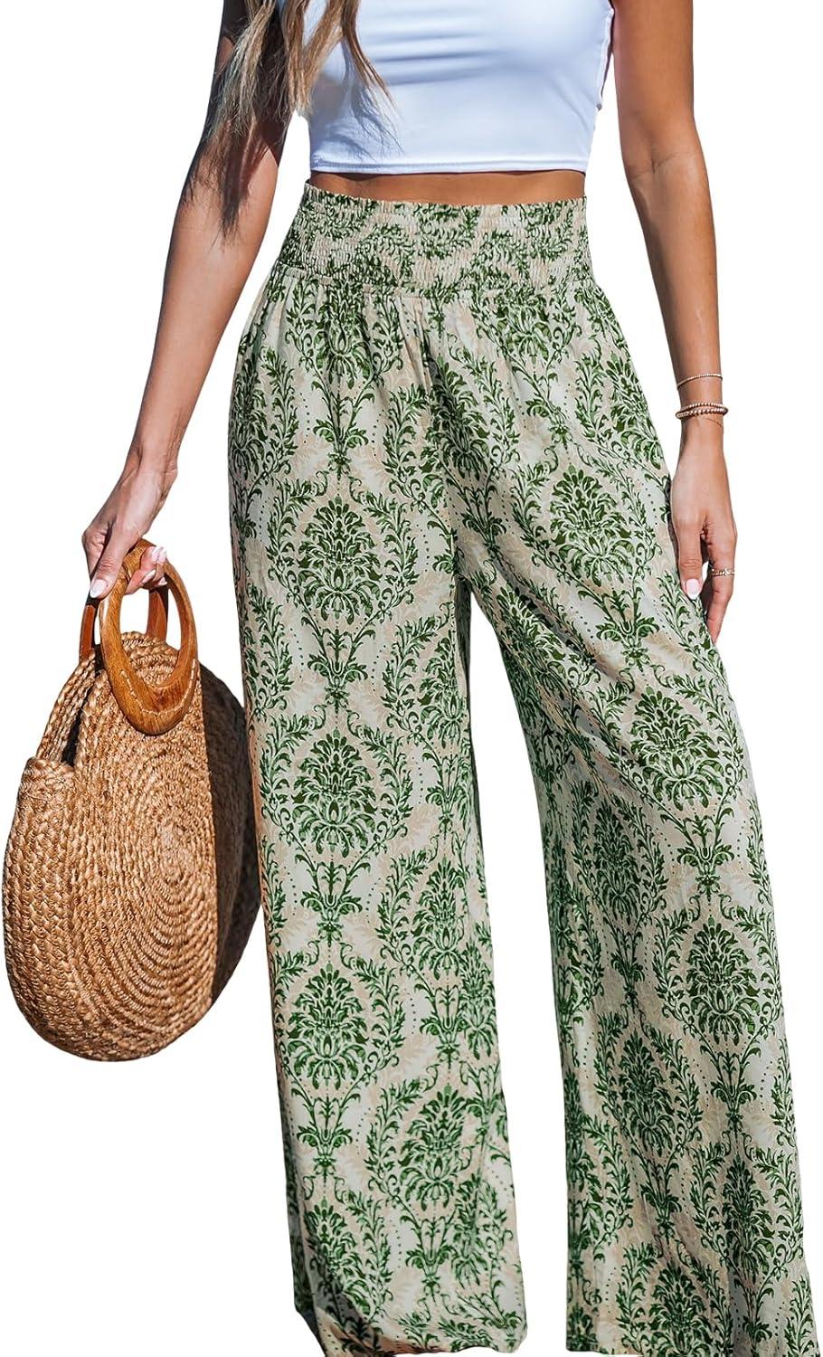 cupshe women‘s wide leg palazzo pants elastic high waisted summer boho tropical beach flowy trousers