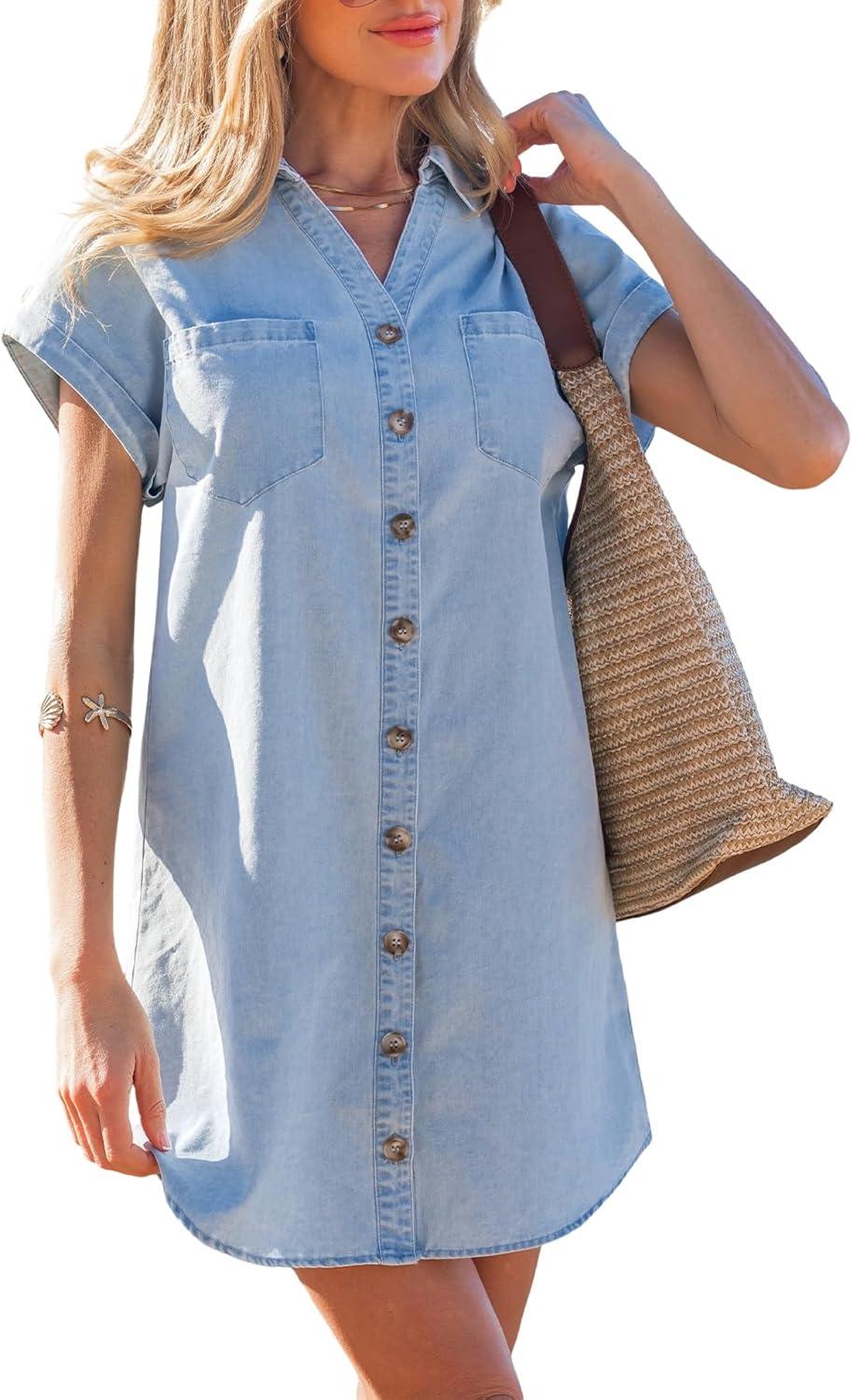 cupshe women’s summer dresses denim denim button down short sleeve chest pockets shirt tunic mini dress