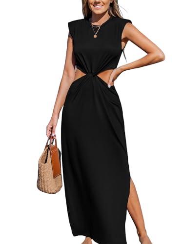cupshe women’s summer maxi dresses sleeveless cutout side slit long casual dress with padded shoulders black s