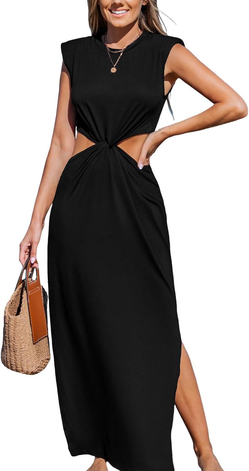 cupshe women’s summer maxi dresses sleeveless cutout side slit long casual dress with padded shoulders
