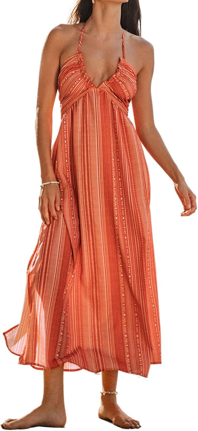 cupshe women's backless beach dress halter neck ruffle plunge v neck sleeveless maxi sundress summer dresses