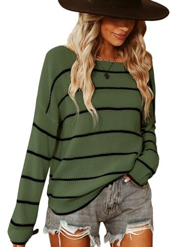 cupshe women's boat neck sweaters long sleeve colorblock knitted casual pullover striped tops green medium