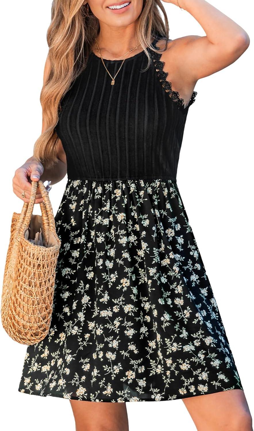 cupshe women's boho floral halter mini dress sleeveless flowy lace trim patchwork summer beach vacation sundress