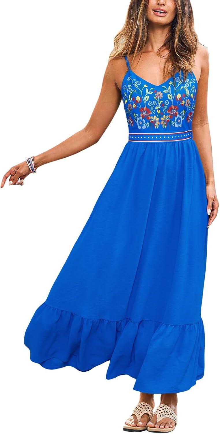 cupshe women's boho maxi dresses spaghetti strap v neck summer beach vacation sundress sleeveless floral self tie flowy dress