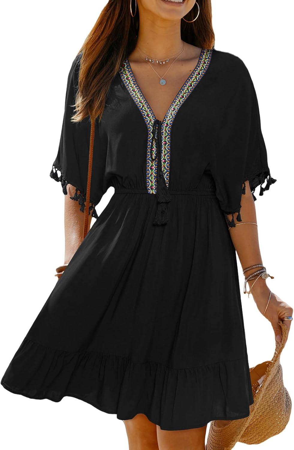 cupshe women's boho summer dresses short sleeve v neck woven tassel flowy beach vacation sundress casual mini dress
