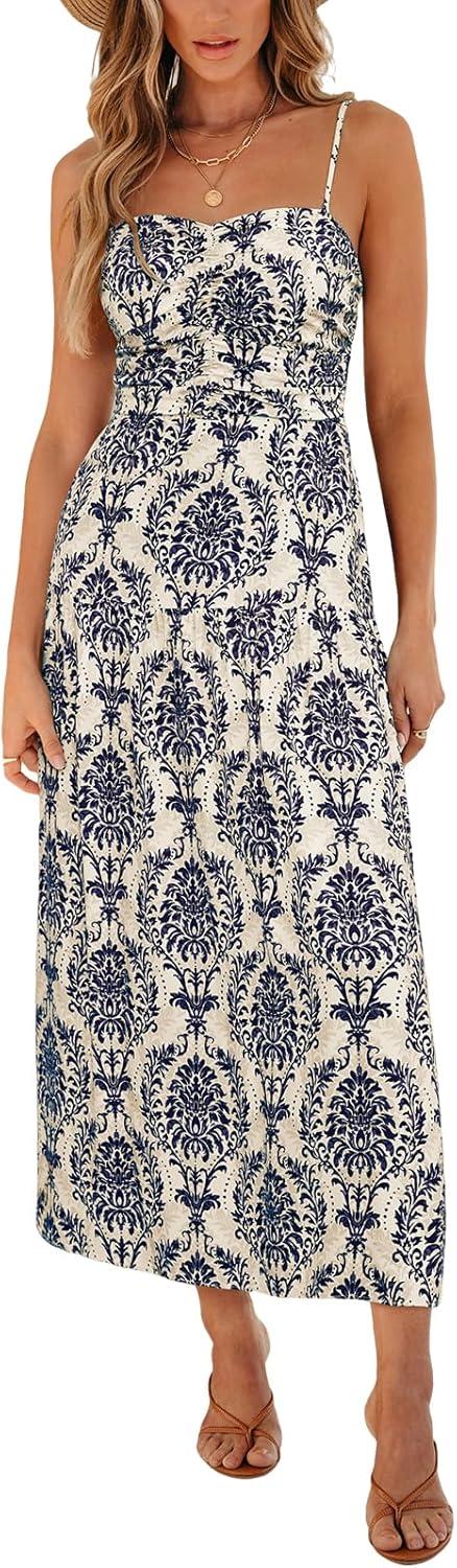 cupshe women's boho summer dresses sleeveless ruched paisley smocked beach vacation sundress spaghetti straps midi dress