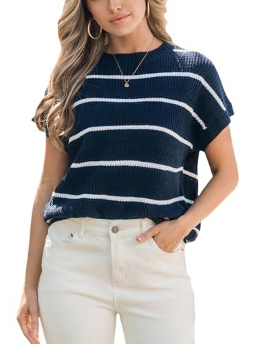 cupshe women's cap sleeve sweater tops 2024 trendy crew neck casual striped pullover top navy,xl