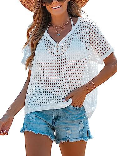 cupshe women's crochet v-neck cover-up top sheer mini beachwear white