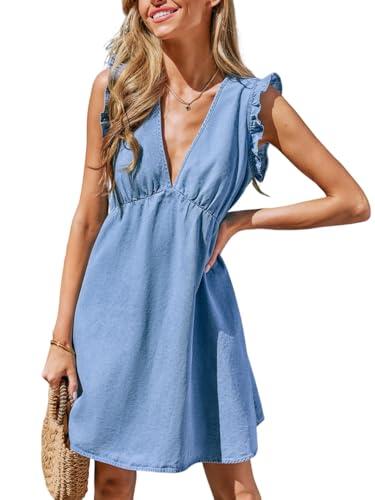 cupshe women's denim summer dresses cotton plunging v neck casual sundress ruffle sleeves mini dress blue, m