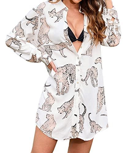 cupshe women's dress button down shirt dress long sleeve blouse top leopard print