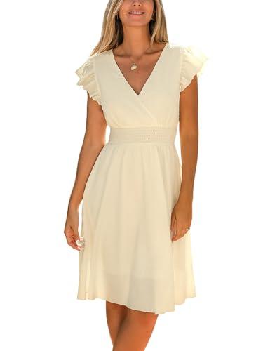 cupshe women's dress v neck flutter sleeve smocked short a line casual summer knee length dress beige, m