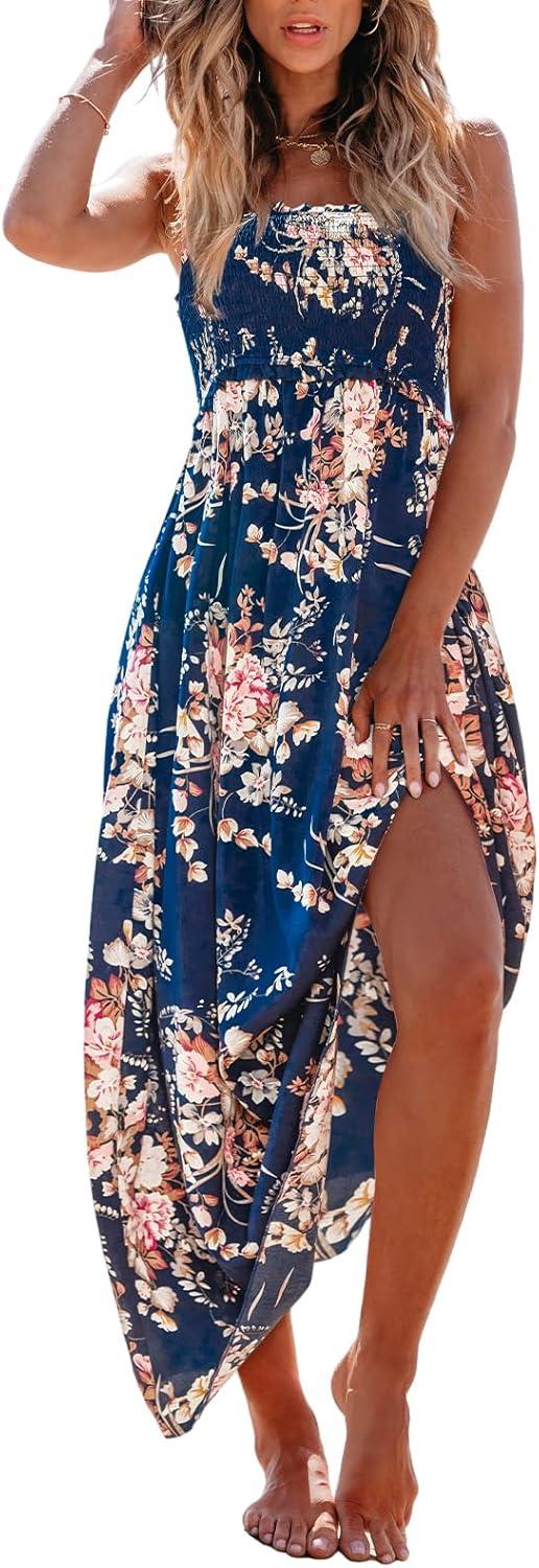 cupshe women's floral maxi dress spaghetti strap summer boho beach dress smocked sundress casual vacation flowy long dress