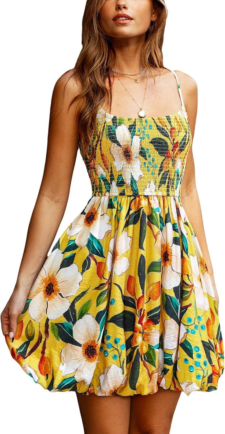 cupshe women's floral mini dress tropical bubble hem sleeveless dresses square neck beach vacation summer dresses