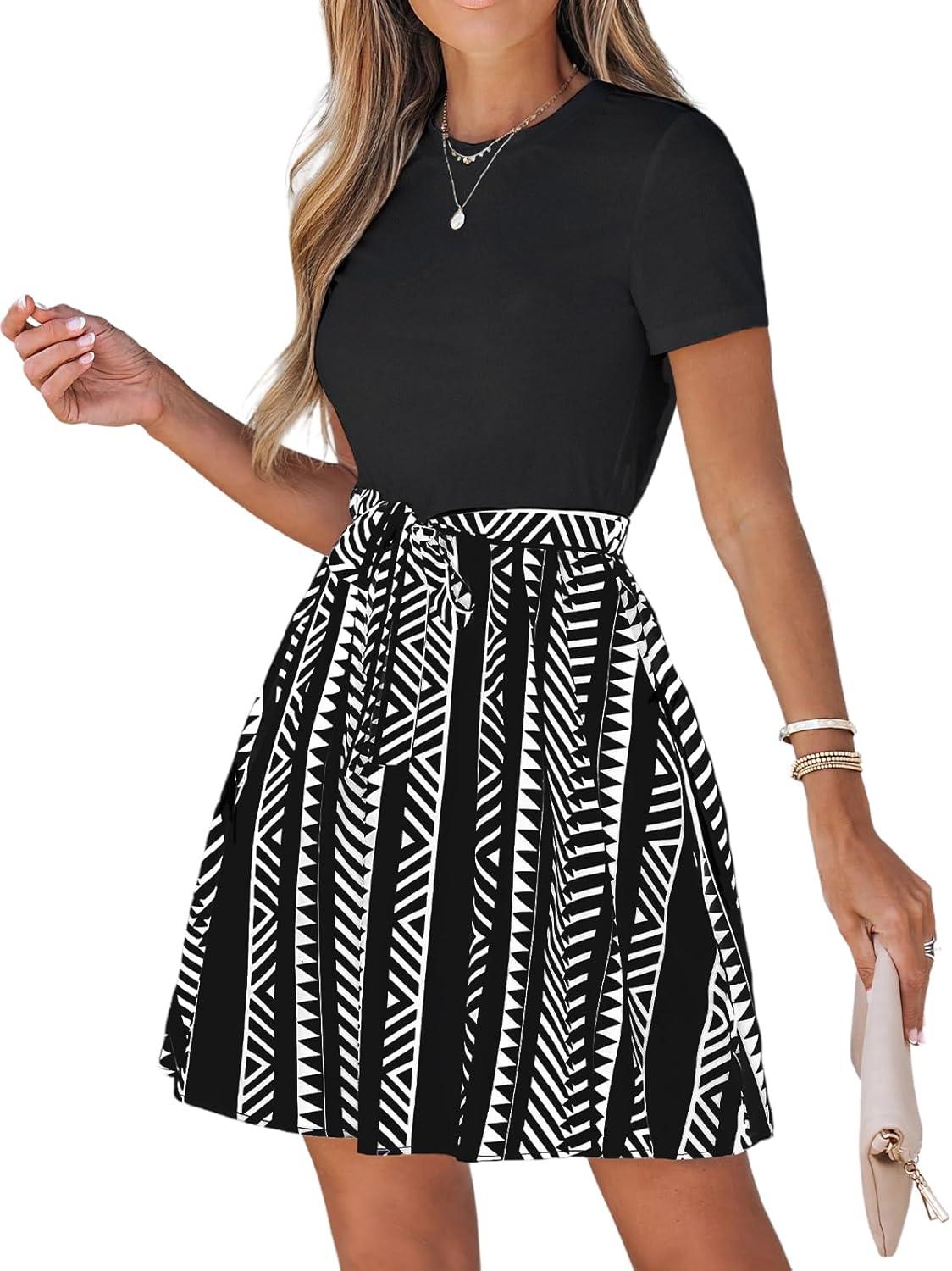 cupshe women's floral paisley mini beach dress crew neck short sleeve belted tie a line stripe mini summer dresses