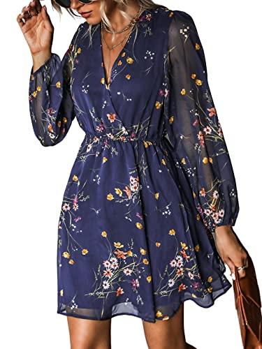cupshe women's floral print sheer chiffon a-line mini dress long peasant sleeves elastic autumn dress,m