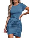 cupshe women's knit ruched mini dress ruffle hem crew neck short sleeve bodycon summer dresses, blue l