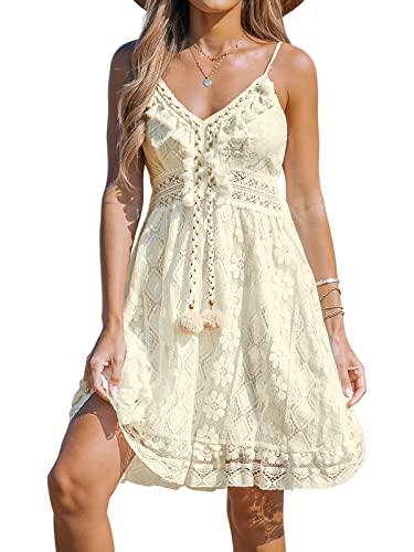 cupshe women's lace dresses boho tassel v-neck flare ruffle mini beach dress beige, l