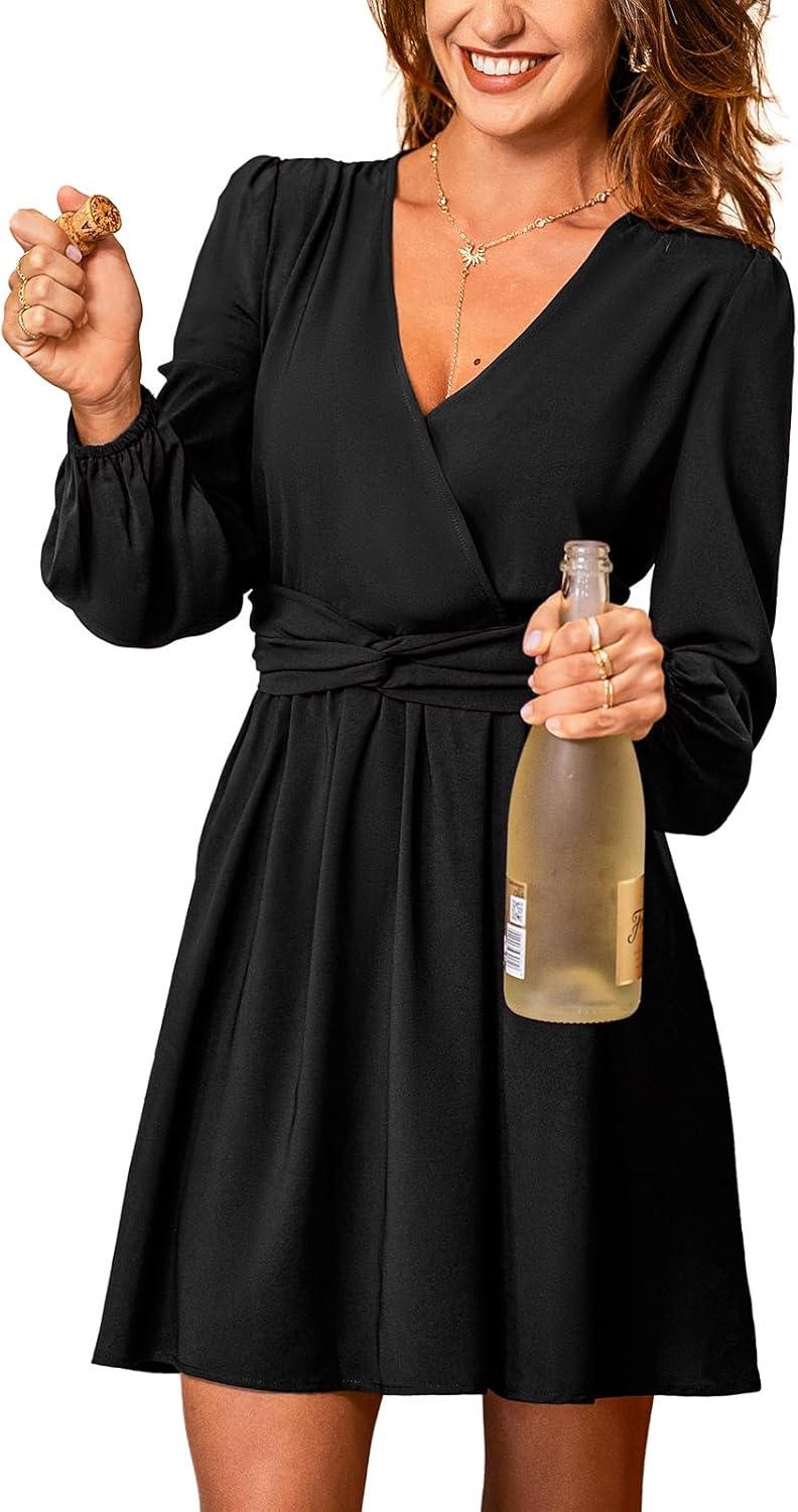 cupshe women's long sleeve mini dress v neck elegant cocktail party dress fall flowy wedding guest dress