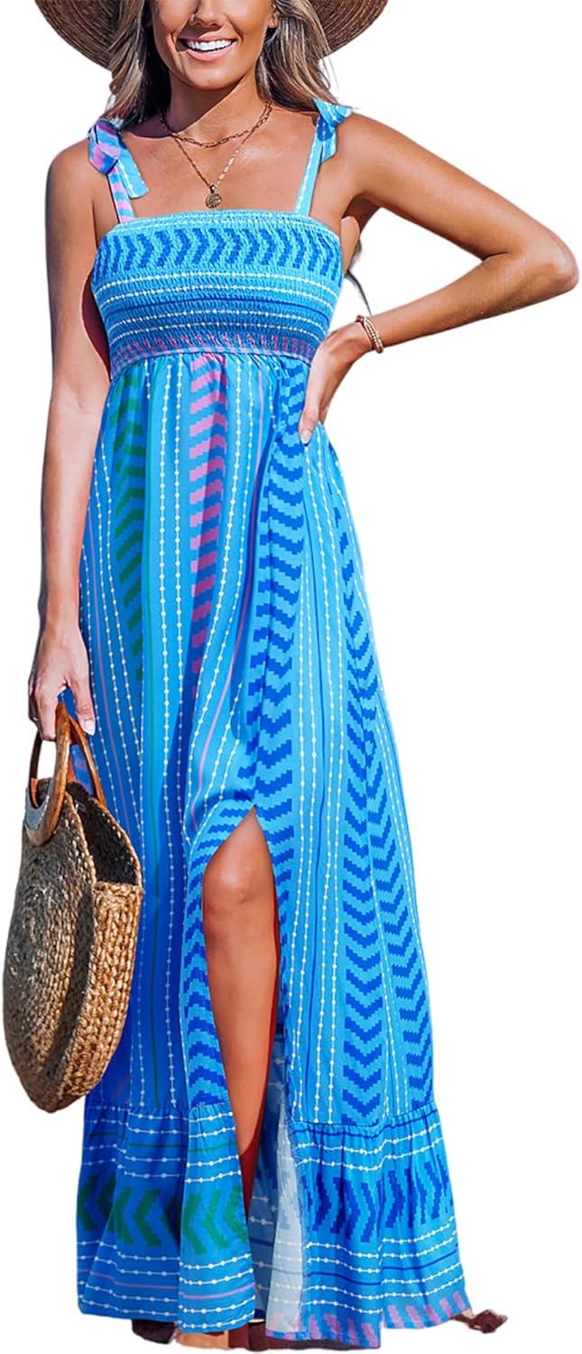 cupshe women's maxi dress casual smocked straps paisley ruffled slit a line long beach summer dress