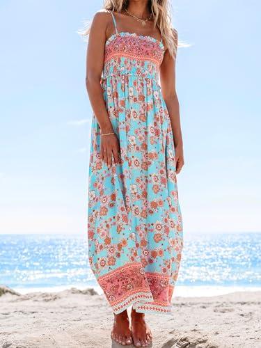 cupshe women's maxi dress ditsy floral smocked summer sundress sleeveless ruffled spaghetti straps long beach formal dress mint floral, l