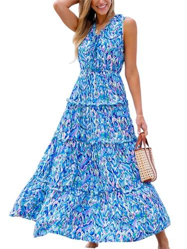 cupshe women's maxi dress ruffled v neck abstract printed sleeveless self tie a line long summer formal dress blue printed, xl