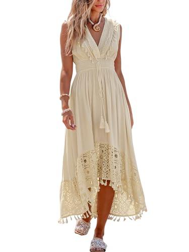 cupshe women's maxi dresses v neck sleeveless lace tassel smocked waist formal long dress beige, xs
