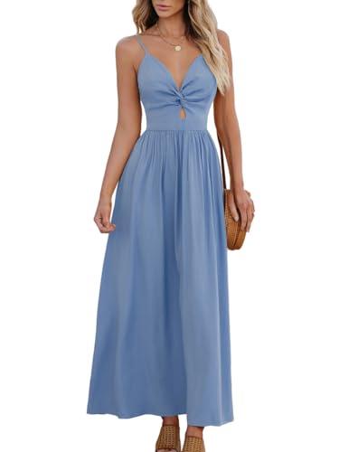 cupshe women's maxi dresses v neck twisted sleeveless cutout self tie long summer formal dress blue, l