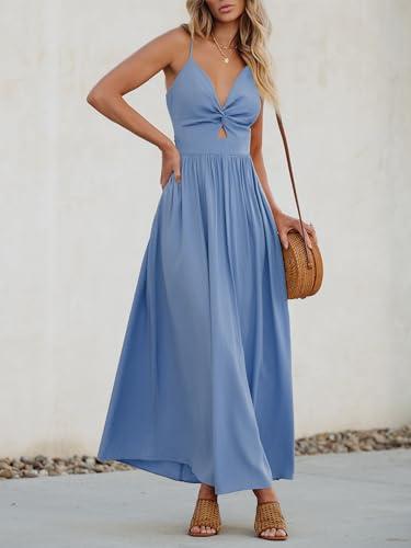 cupshe women's maxi dresses v neck twisted sleeveless cutout self tie long summer formal dress blue, l