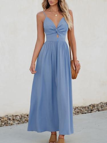 cupshe women's maxi dresses v neck twisted sleeveless cutout self tie long summer formal dress blue, l